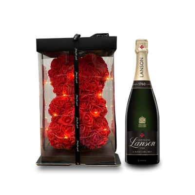 Led Bear Shaped Roses & 1 btl Lanson Champagne (with box and paper bag)